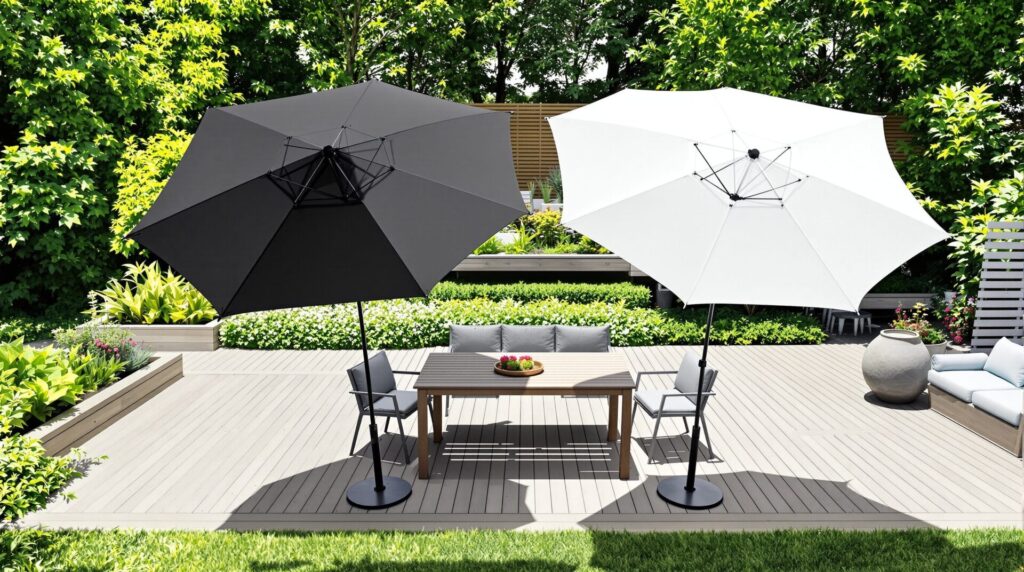 Parasol noir ou blanc au jardin, le choix qui surprend pour une protection solaire vraiment efficace