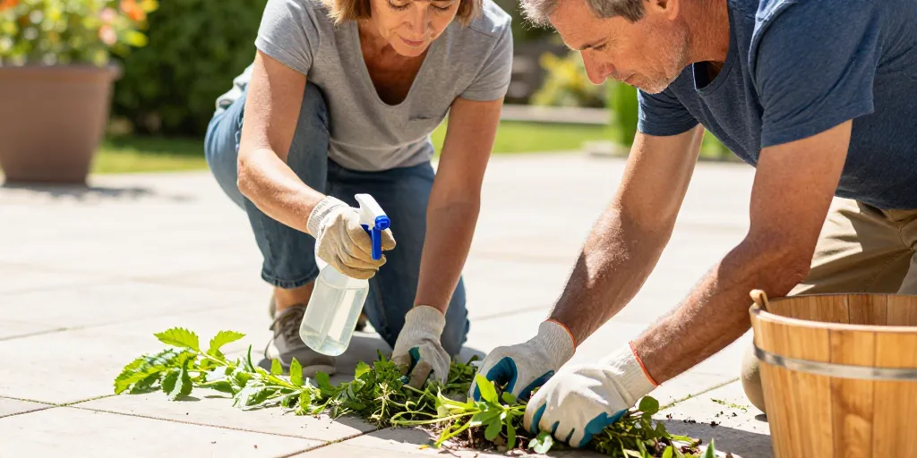 Enlever les mauvaises herbes sur une terrasse : les 6 astuces naturelles